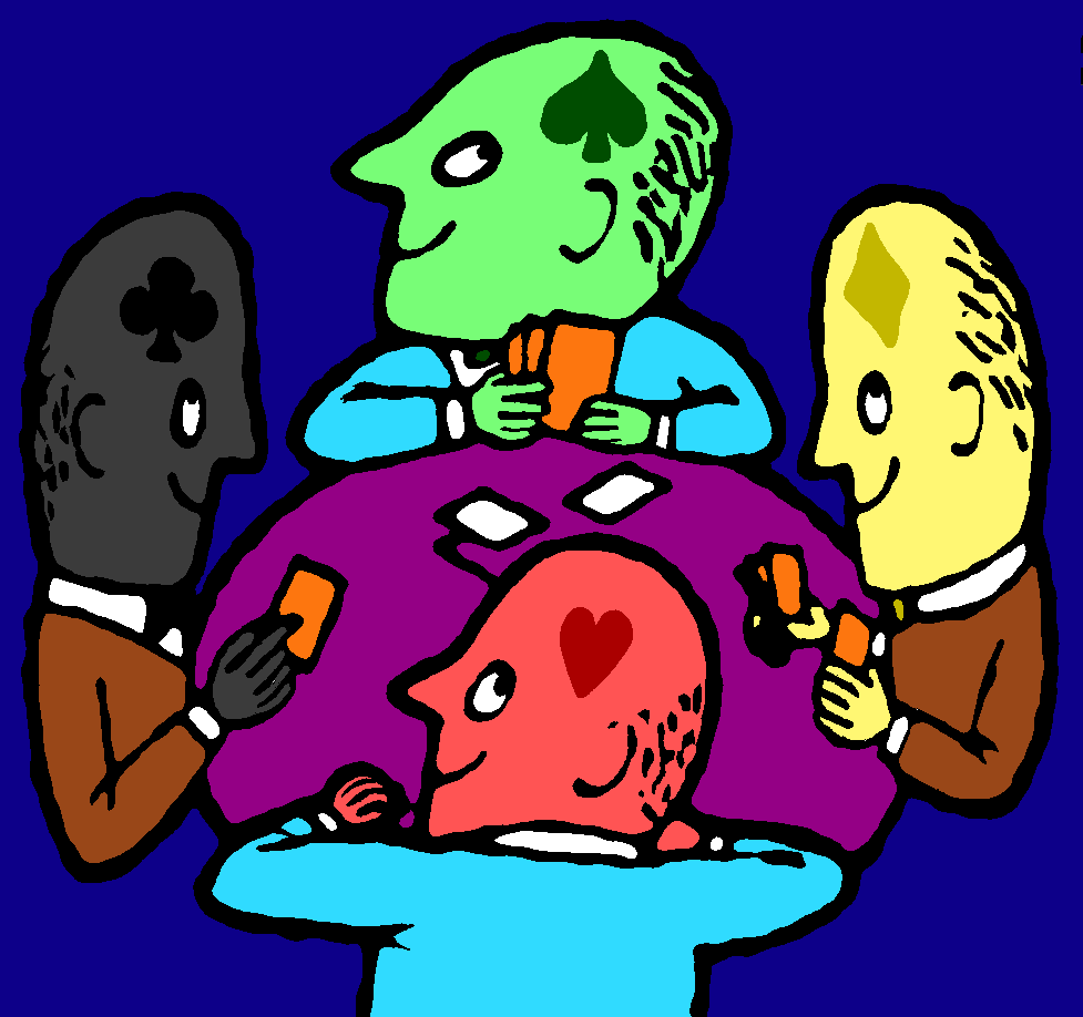 A multi-colour cartoon of four people each with a different suit on their head play a game of cards at a table.