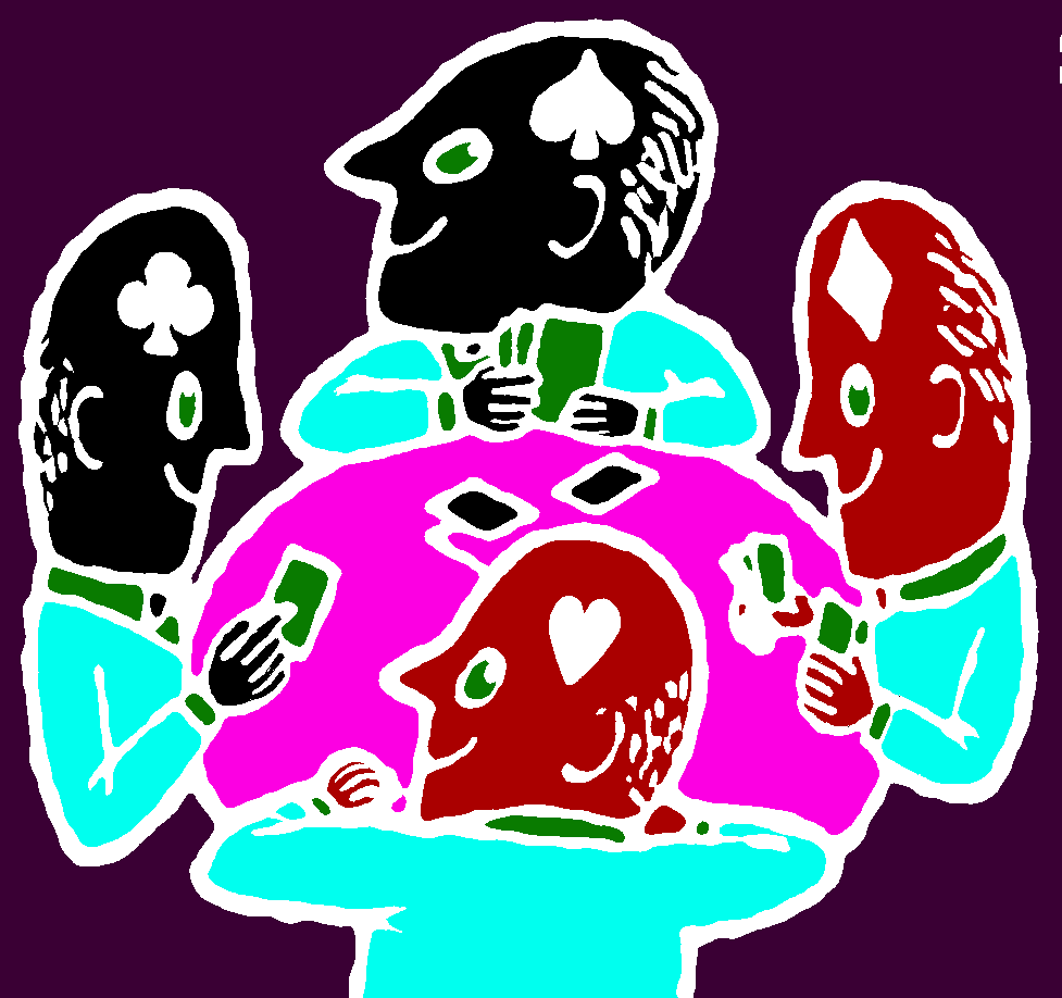 A multi-colour cartoon of four people each with a different suit on their head play a game of cards at a table.