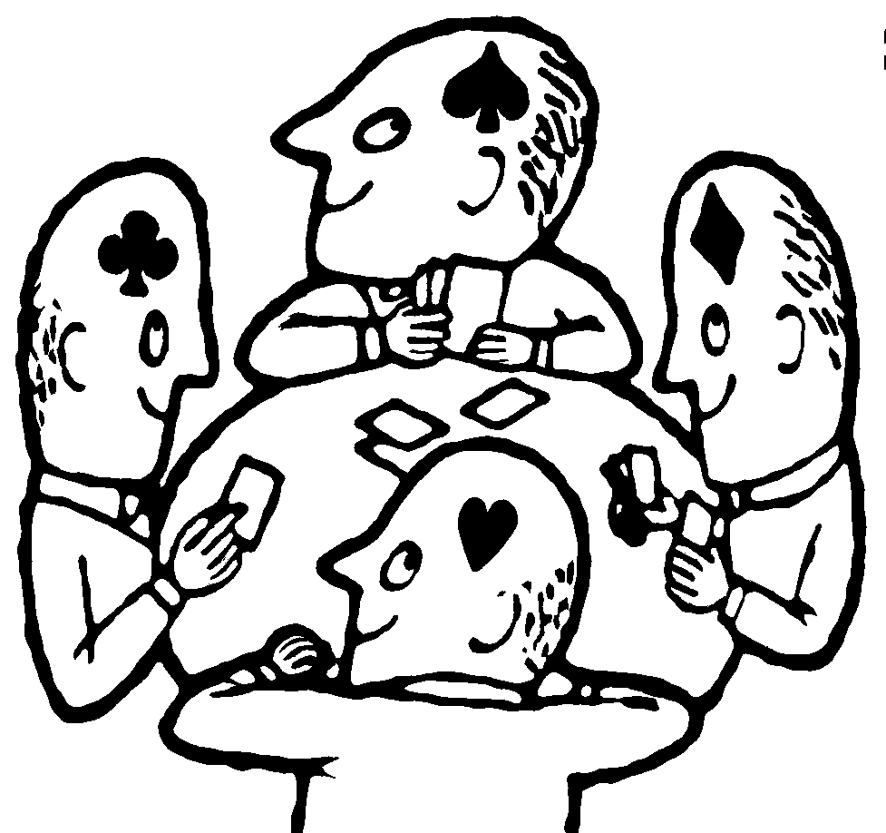 A black-and-white cartoon of four people each with a different suit on their head play a game of cards at a table.