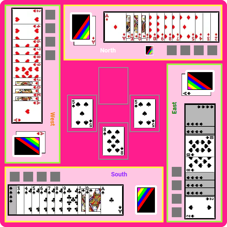 A game of Calypso in-play at Board Game Arena. A trick is in-progress, and each player has some cards towards their calypso. The players are North, South, East, and West.